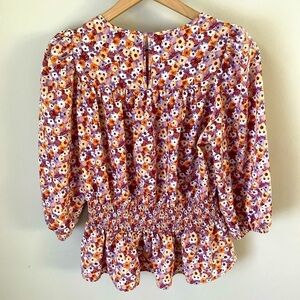 Anthropologie Pleione Women's Fall Floral Top Size Small 3/4 Sleeve Pink Blouse